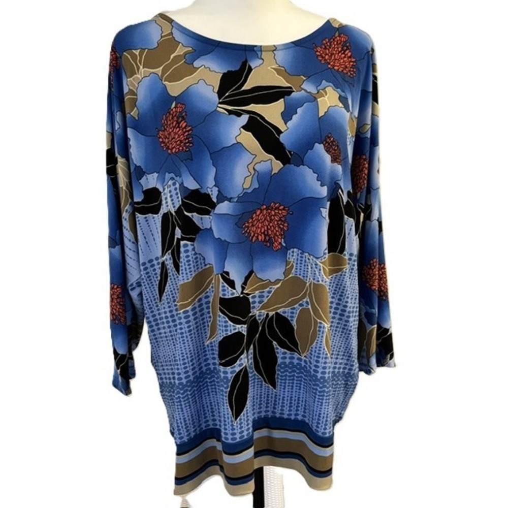 JM Collection Top Women XL Blue Floral Batwing Scoop Neck Stretch Excellent